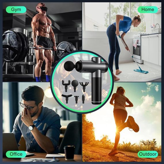 Перкусійний ручний масажер Massage Gun BDBKMG, м'язовий масажний пістолет, 99 режимів, 6 насадок, Чорний | Зображення 6