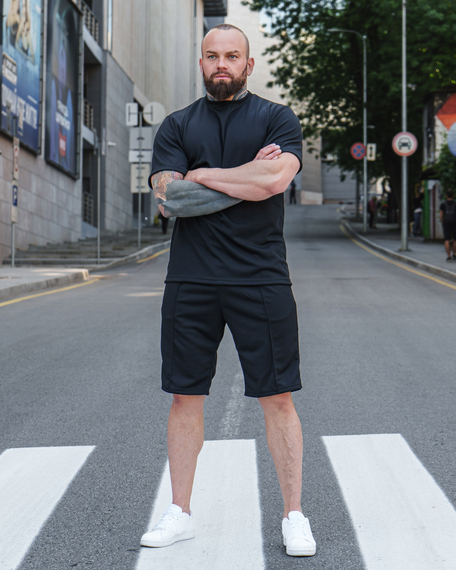 Мужской летний костюм с шортами и футболкой рубчик премиум-качество BD0026 цвет черный, размер L | Зображення 1