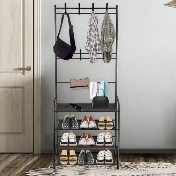 Залізна вішалка для одягу + підставка для взуття, 2 в одному, 4 полиці "Multi-functional shoe and hat rack" біла | Зображення 2