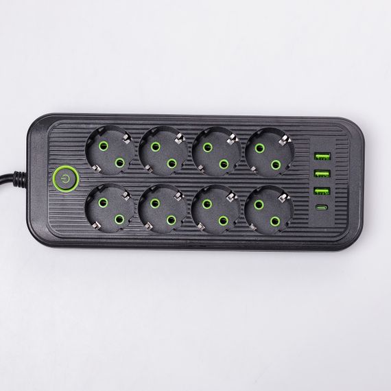 Мережевий фільтр 2.8 м подовжувач на 8 розеток з 3 USB 1 Type-C та кнопкою відключення F20U Чорний HP-5-28 | Зображення 2