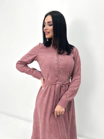 Женское модное вельветовое платье миди с поясом GF08575 цвет пудровый, размер 42/44 | Зображення 3