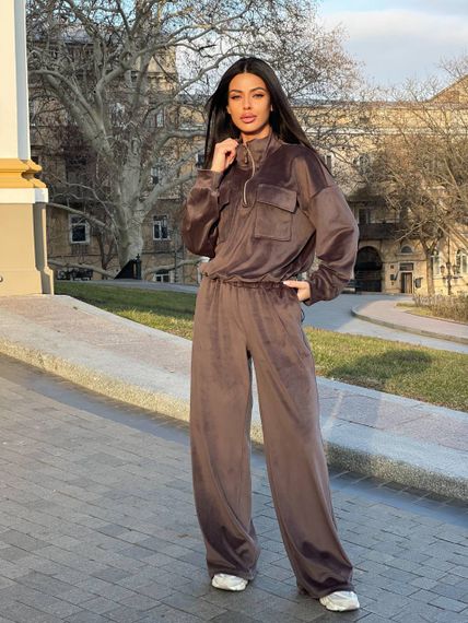 Женский велюровый спортивный костюм с штанами палаццо JA0282 цвет коричневый, размер 46/48 | Зображення 2