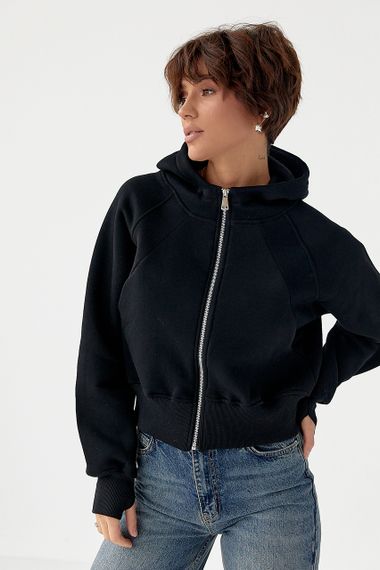 Утеплене коротке худі на блискавці - чорний цвет, S (є розміри)