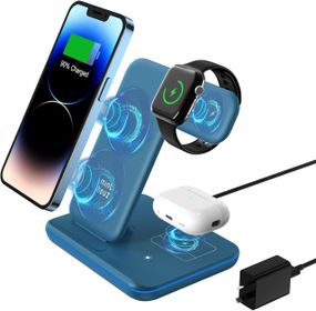 Бездротова зарядна станція 3в1 Minthouz, 18W, для iPhone, Apple Watch, AirPods, QC3.0, Type-C, синя
