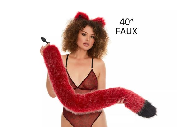 Анальний хутряний хвіст без пробки, Темно-червоний с чорним кінчиком, OKOVA 100 см Sex Aura