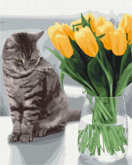 Котик з тюльпанами