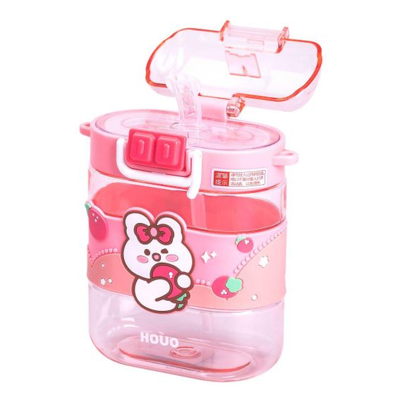 Пляшка для води дитяча з трубочкою та ремінцем 560 мл пляшечка для пиття в школу 15 см Рожева HP-14-36P | Зображення 4