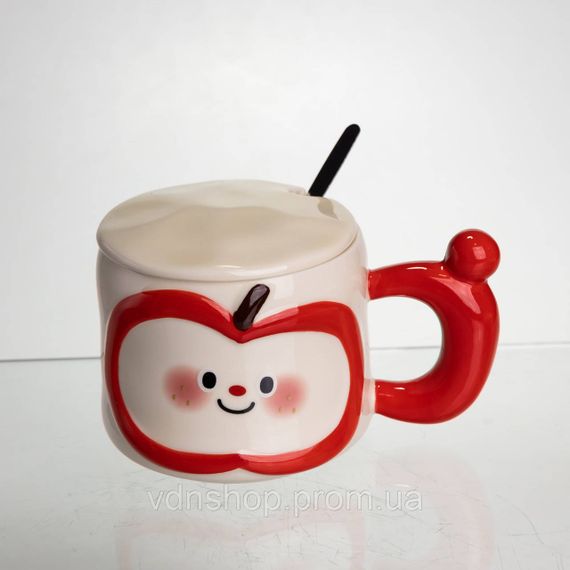 Чашка фарфоровая 400 (мл) с крышкой и ложкой, оригинальная кружка на подарок чашка для детей Красный FM-25B