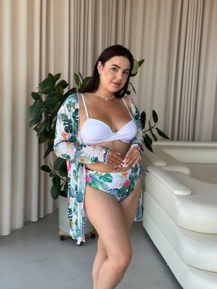 Роздільний білий купальник PLUS SIZE з тунікою в тропічному принті | Зображення 9
