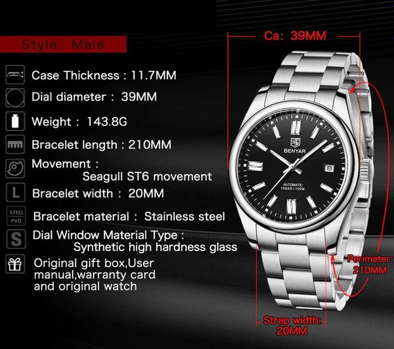 Benyar Чоловічий механічний годинник Benyar Automatic 10 BAR | Зображення 3
