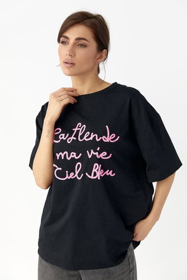 Трикотажна футболка oversize з написом - чорний цвет, ONE SIZE (є розміри) | Зображення 3