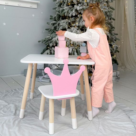 Прямокутний стіл і стільчик дитячий рожева корона. Столик для уроків, ігор, їжі | Зображення 1