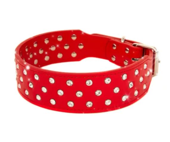 Ошейник из натуральной кожи со стразами красный ширина 5 см