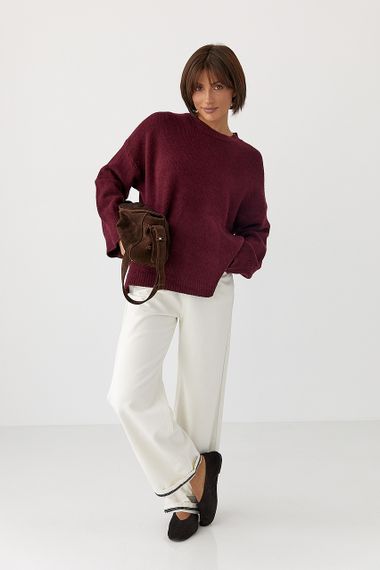 В’язаний однотонний джемпер вільного фасону - бордо цвет, ONE SIZE (є розміри) | Зображення 2