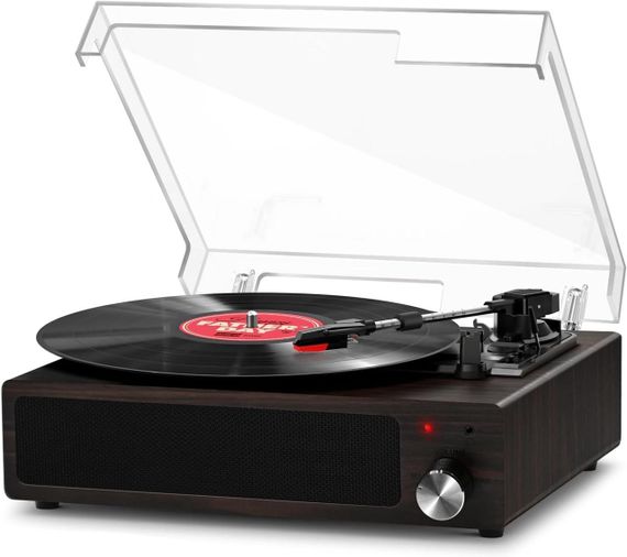 Вініловий програвач платівок FYDEE з Bluetooth, вбудовані стереодинаміки 2×3 Вт, RCA AUX, 3 швидкості, автостоп ретро