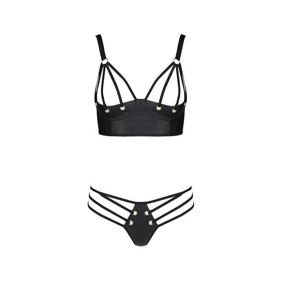 Комплект з екошкіри з люверсами та ремінцями Malwia Bikini black L/XL — Passion, бра та трусики, L/XL | Зображення 2