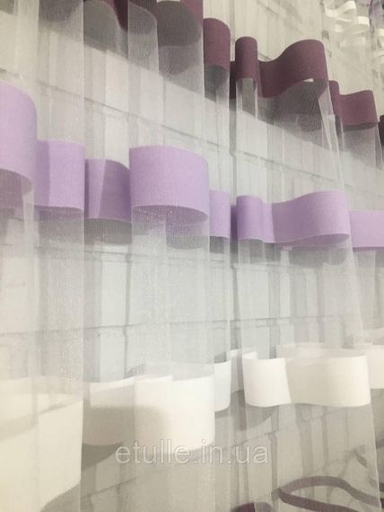 Готова коротка фіранка тюль-аркою на фатині в смужку до підвіконня, бузковий, фіолетовий. Для кухні, вітальні | Зображення 1