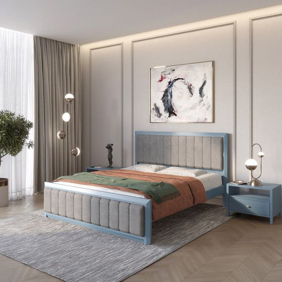 Двоспальне дерев'яне ліжко Mebigrand Барселона Б1 Сіро-синій (S7010R90B)/Аляска 93 (Сірий) 140х190 см (MBG-11860)