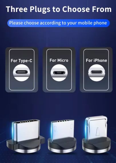Магнитный кабель 3-в-1 с поддержкой быстрой зарядки 2А с коннекторами Lightning, Micro-USB, Type-C. 1 метр | Зображення 7