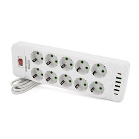 Сетевой фильтр F35U, 10 розеток EU + 4 USB + 2 PD, кнопка включения с индикатором, 2 м, 3х0,75 мм, 2500W, White, Box