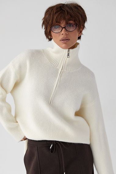 В'язаний светр із високою горловиною на блискавці - молочний цвет, ONE SIZE (є розміри) | Зображення 4