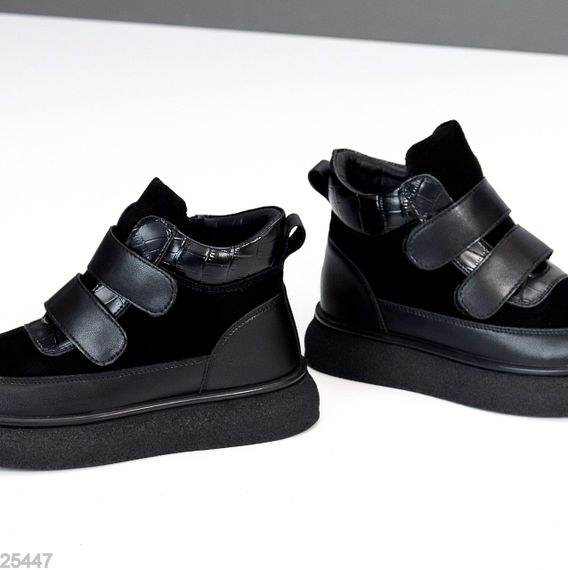 Крутые спортивные зимние черные ботинки натуралки на липучках | Зображення 3