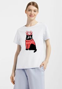 Футболка жіноча біла з принтом "Кіт у светрі", 2XL