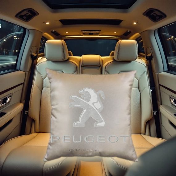 Авто Подушка з вишивкою логотипу марки пежо Peugeot бежевий автомобілісту 00168