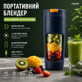 Портативний блендер P2060R на 600 мл, Tritan BPA-free, акумуляторний із 4 лезами, USB Type-C, темно - синій