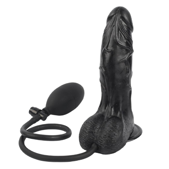 Надувной реалистичный фаллоимитатор черного цвета с мошонкой