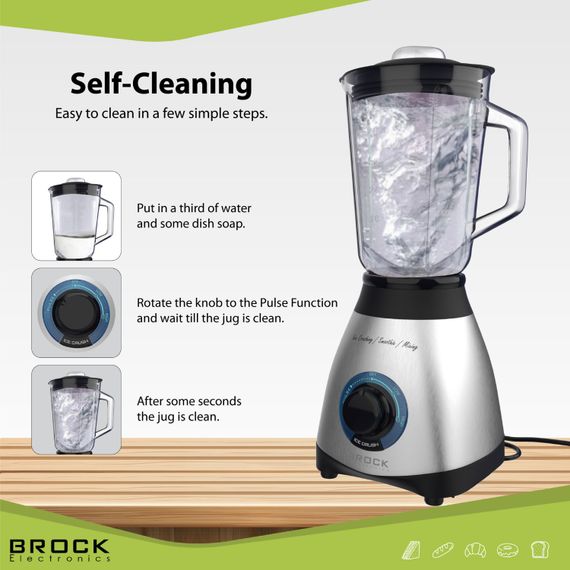 Блендер BROCK BL 1502 SS стаціонарний 500Вт/ скляна чаша 1,5л/ PULSE/ 2 швидк./дроблення льоду/метал | Зображення 3