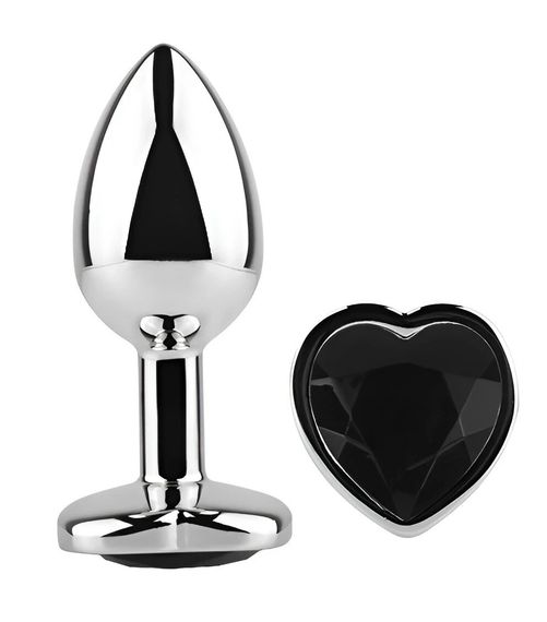 Анальна пробка EGZO Silver Heart Plug Black M, металева анатомічна з кристалом Sex Aura | Зображення 1