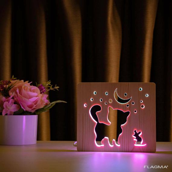Светильник ночник ArtEco Light из дерева LED "Кот и мышка под луной" с пультом и... | Зображення 3