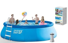 Intex Басейн надувний 26166 NP (1) об'єм-12430л, фільтр+насос, 457х107см (3785л/рік, драбина, тент, підстилка)