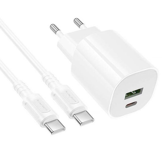 МЗП Borofone BA104A Pudding PD20W+QC3.0 (1USB-A/1C) + кабель Type-C to Type-C White | Зображення 3