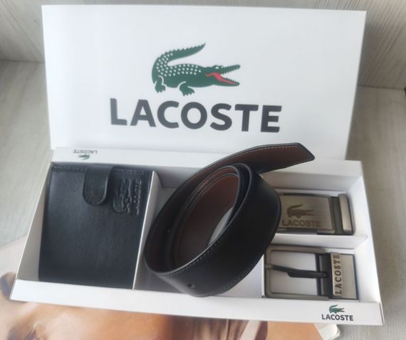 Чоловічий шкіряний подарунковий набір Lacoste двосторонній ремінь black/brown з двома пряжками і гаманець | Зображення 3