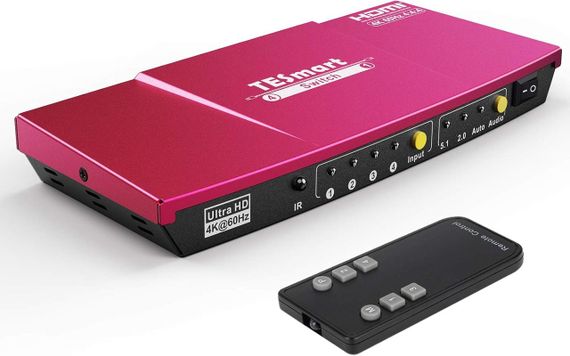 HDMI перемикач TESmart 4x1, 4K 60Hz, UHD, оптичний аудіовихід, пульт ДУ, підтримка HDR, Dolby Vision, червоний | Зображення 4