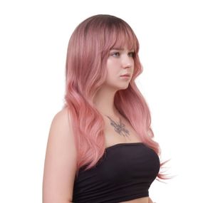 Перука довга хвиляста з чубчиком Fetish Hair омбре рожевий, 65 см