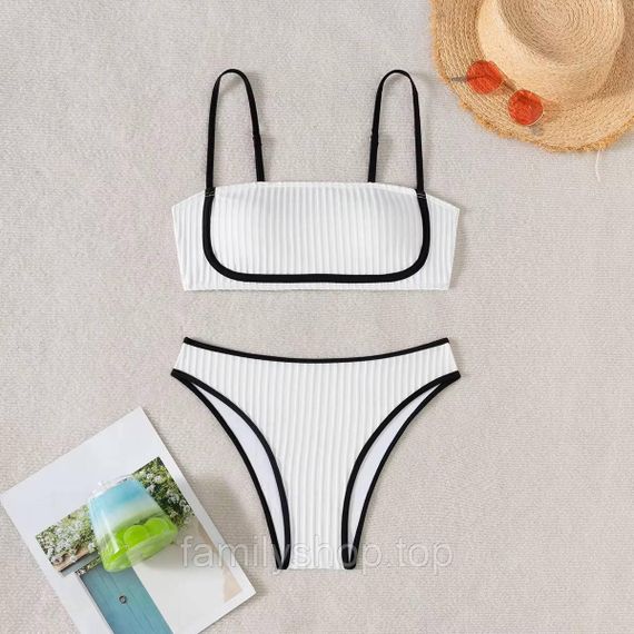 Белый раздельный купальник в рубчик с топом бандо и высокой посадкой, MBк988 размер M, цвет белый | Зображення 9