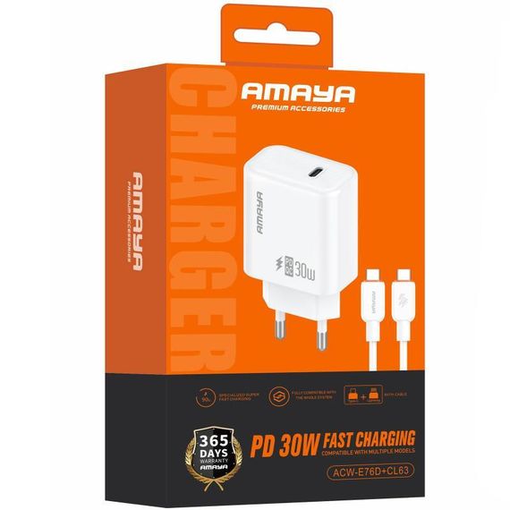 МЗП Amaya E76D PD30W (1USB-C) + кабель Type-C to Type-C White | Зображення 1