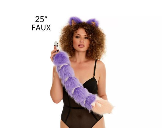 Анальний хвіст зі стрічкою без пробки, Фіолетовий з персиковим кінчиком, OKOVA 60 см. Sex Aura