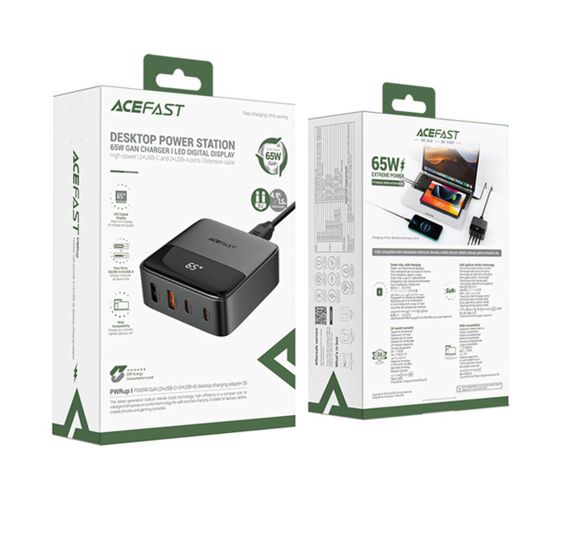 Мережевий зарядний пристрій ACEFAST Z6 PD65W GaN (2*USB-C+2*USB-A) desktop charging adapter Black | Зображення 1