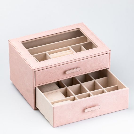Скринька органайзер для прикрас прямокутна на два яруси з екошкіри 24.5 х 17.5 х 14 см Пудрова | Зображення 1