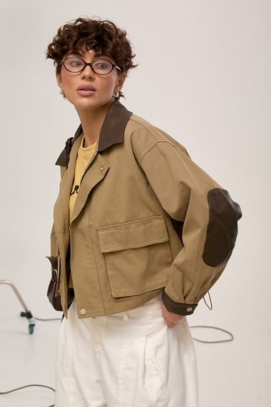 Котонова вітровка зі вставками з еко-шкіри - світло-коричневий цвет, ONE SIZE (є розміри) | Зображення 5