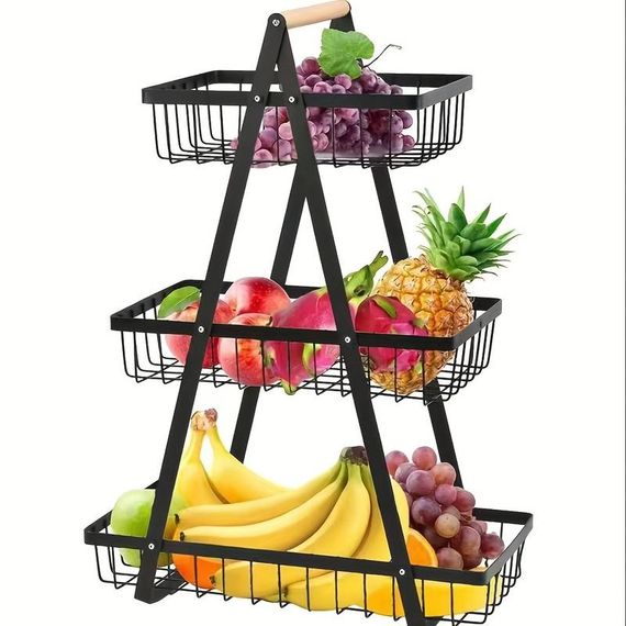 Настольная трехъярусная корзина - фруктовница с деревянной ручкой Triple Fruit Basket | Зображення 2