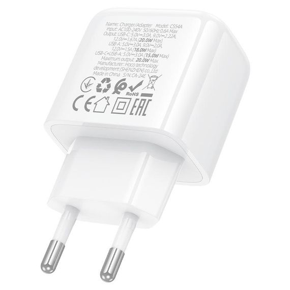 СЗУ 110-240V HOCO CS54A, 1xUSB, 1xUSB-C, PD20W, White, Blister | Зображення 4