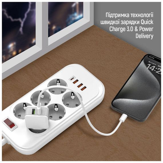 Мережевий фільтр живлення ColorWay CW-CHE64PDW, 6 розеток/4USB 2M (CW-CHE64PDW) | Зображення 6
