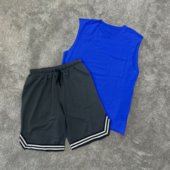 Мужской летний костюм майка и шорты BD0037 цвет синий + серый, размер L | Зображення 1