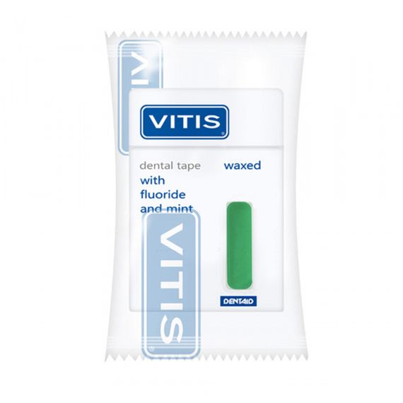 Широка зубна стрічка VITIS, покрита воском, з фтором, м'ятний смак, блістер, 50 м (DENTAID)