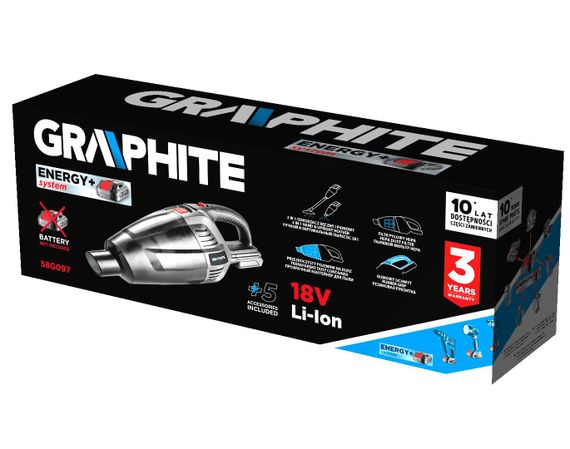 Пылесос аккумуляторный GRAPHITE Energy+ 18В 34Вт 3.8кПа контейнер 0.5л HEPA 1.37кг без АКБ и ЗП 58G097 | Зображення 9